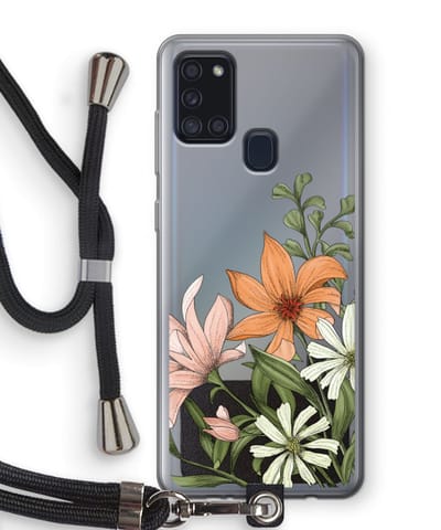 Case Company® - Hoesje met koord geschikt voor Samsung Galaxy A21s hoesje met Koord - Floral bouquet - Telefoonhoesje met Zwart Koord - Bescherming aan alle Kanten en Over de Schermrand