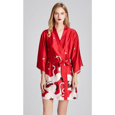 Dames Badjas Kimono Badjas Marineblauw Print Nachthemd Nachtkleding Zijdezachte Satijnen Nachtkleding Sexy Kort Nachtjurkje Casual Huiskleding 2XL red