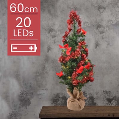 Kunstkerstboom met rode versiering op batterijen - 20 micro LED lampjes - 60CM