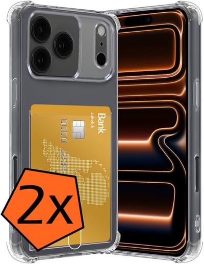 Hoes - 2 Stuks - Geschikt voor iPhone 17 Pro / 18 Pro - Met Pashouder en Kaarthouder - Telefoon Hoesje Shockproof - Siliconen Case - Back Cover - Shock Proof - Pasjes Houder - Transparant