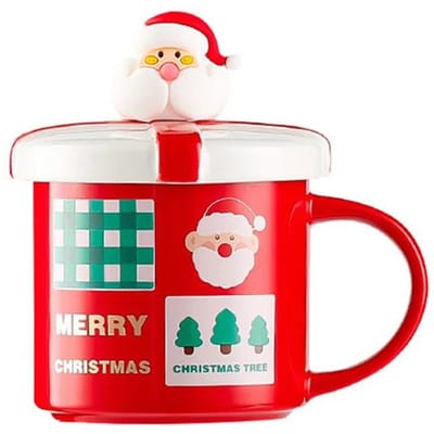 Tasse de Noël avec couvercle et cuillère, tasse à café en céramique, père Noël, élan, bonhomme de neige, couple, tasse à eau, petit-déjeuner, dessert, lait, cadeau de Noël 301-400ml red