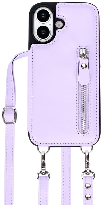 CaseBoutique Backcase hoesje geschikt voor iPhone 17 - Effen Lila - Kunstleer - Crossbody Hoesje Koord - Pasjeshouder voor 3 passen - Ritsvakje