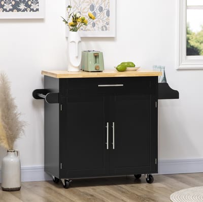 MEUNIQ Keukenkast op wielen 109 x 40 x 89 cm met lade, kast, kruidenrek en handdoekhouder, keukenwagen met verstelbare plank en 4 zwenkwielen, zwart