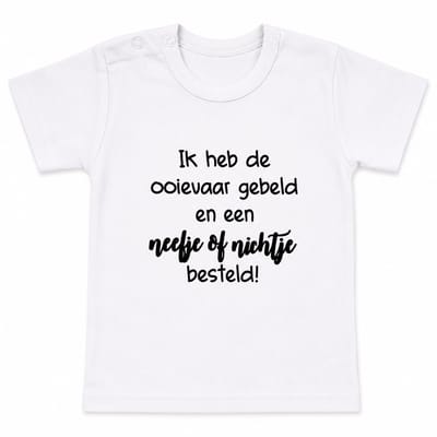 Shirt ik heb de ooievaar gebeld en een nichtje of neefje besteld | kort mouw | wit| maat 56 zwangerschap aankondiging bekendmaking baby