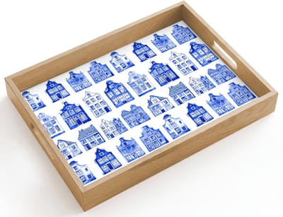 Dienblad hout 40x30 cm - Schootdienblad - Patroon - Huizen - Blauw - Borrelplank rechthoek - Plateau dienbladen