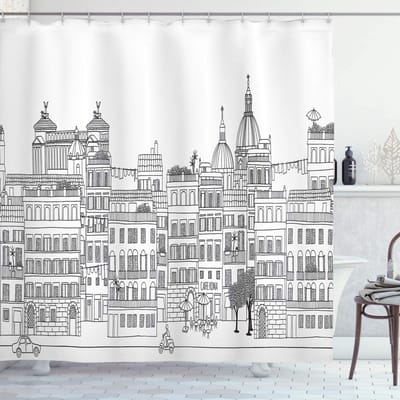 ABAKUHAUS Stads-douchegordijn – Italië Rome-skyline – 175x180 cm – Polyester – Antraciet/Wit