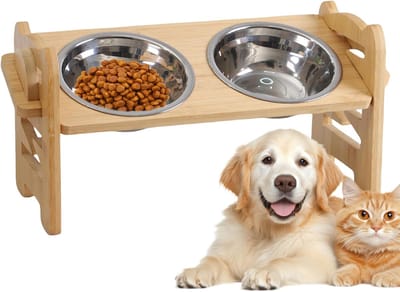 Verhoogde Hondenbak - Voerbak Stand - Gezond Eten - In Hoogte Verstelbaar - 2x 300 ml - Houtkleur