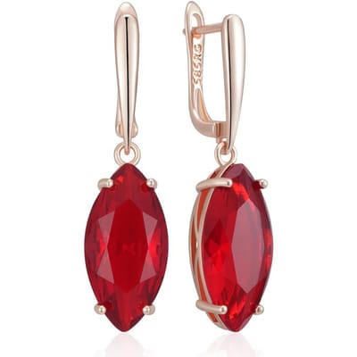 Glanzende ruitvormige rode oorbellen met natuurlijke zirkonia, lange hangers voor dames, roségoudkleurig, hoogwaardige fijne sieraden voor dagelijks gebruik. brown
