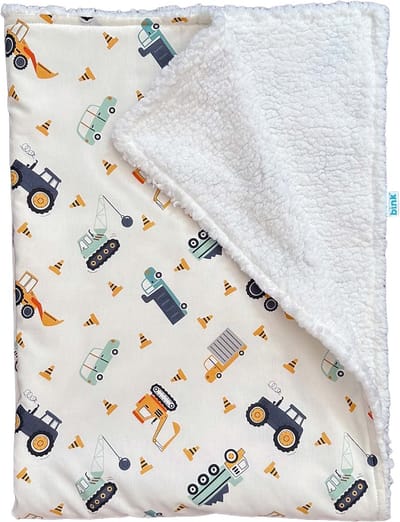 BINK Bedding Wiegdeken Bram - Kinderdeken - Sherpa - Graafmachines, Tractoren & Vrachtwagens - Off-white - Katoen - Gemaakt in Nederland - Deken - 75x100 cm