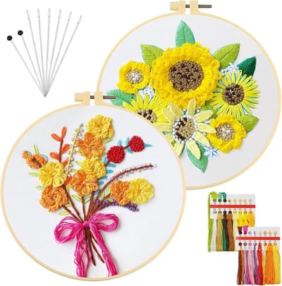2 Sets Borduurset voor Beginners, Zonnebloem en Boeket DIY Borduurstarter Kit, Borduurpakketten voor Volwassenen en Kinderen, Kruissteek Kits