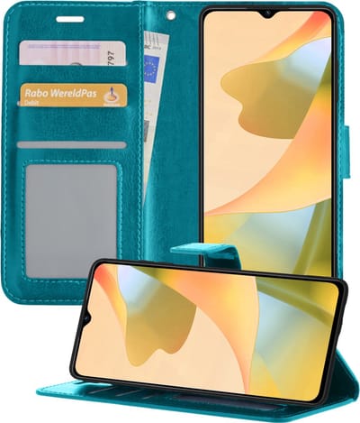 Hoesje - Met Pasjeshouder - Geschikt voor OPPO A16s - Luxe Bookcase Portemonee - Flip Case - Kunstleer Book Case - Flipcase - Book Cover - Walletcase - Portemonneehoes - Telefoonhoesjes - Turquoise