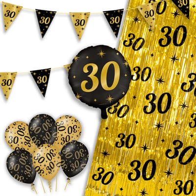 LUQ – Party Essentials 30 Jaar – Zwart-Goud Verjaardag Feest Versiering – Luxe Ballonnen-Slingers-Vlaggenlijn-Gordijn