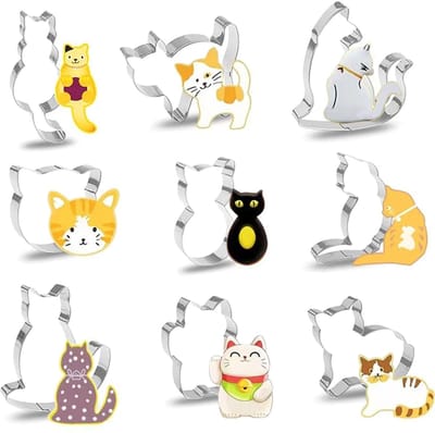 Dailygoods- Bakvorm Kat - Set van 9 Stuks - Roestvrij Staal - Koekjesvormen - Creatief Bakken - Voor Kinderen - Zilverkleurig - Koekjesvorm