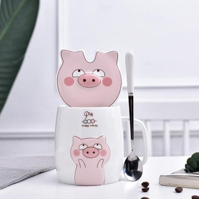 Creatieve Cartoon Schattig Varken met Deksel Keramische Kop Jongen en Meisje Koppelsmok Melkkop Cadeaukop Kantoor Waterkop 401-500ml white