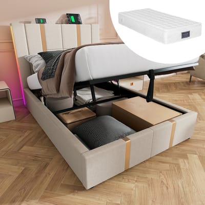 MEUNIQ gestoffeerd eenpersoonsbed 90x200 cm met opbergruimte, lattenbodem, USB en Type-C, APP-gestuurde LED-verlichting, bedframe voor slaapkamer, beige