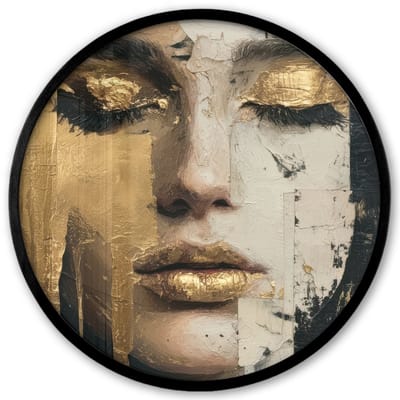 Poster in lijst Rond - Fotolijst 40x40 cm - Posters - Abstract - Goud - Gezicht - Lippen - Ronde posterlijst zwart - Decoratie - Wanddecoratie woonkamer - Muurdecoratie slaapkamer