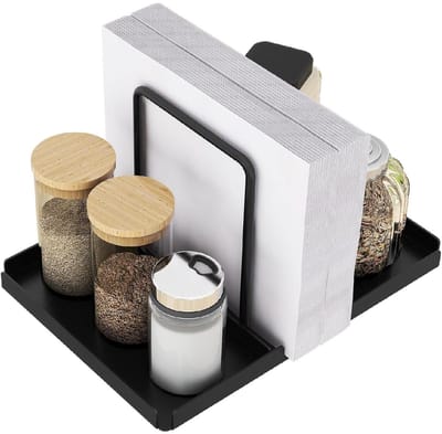 GELLDG Zwarte servettenhouder - Metaal - Decoratief - Keukenaccessoire - Organizer voor zout- en peperstrooier - Servettenhouder - Geschikt voor eettafels, keukens en kantoren - 14 cm