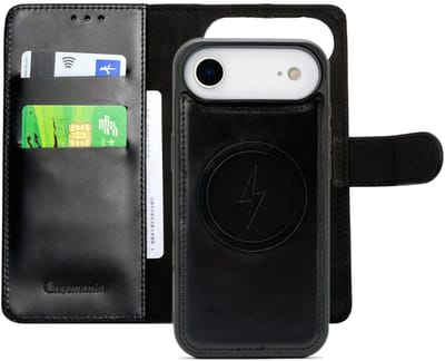 CaseMania Bookcase hoesje geschikt voor iPhone 17 Air - Effen Zwart - Leer - 2-in-1 Magnetisch Uitneembaar Design - Compatible met MagSafe
