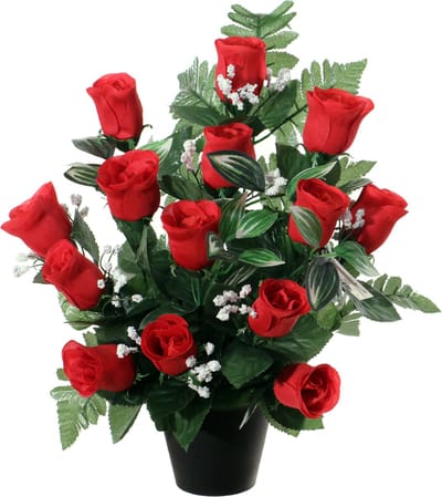 Louis Maes Kunstbloemen in pot - rood - H35 cm - Bloemstuk ornament - rozen/gipskruid met bladgroen