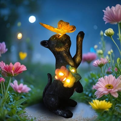 Omgoods - Zwarte Kat met Vlinder en Solar Lamp voor Tuindecoratie