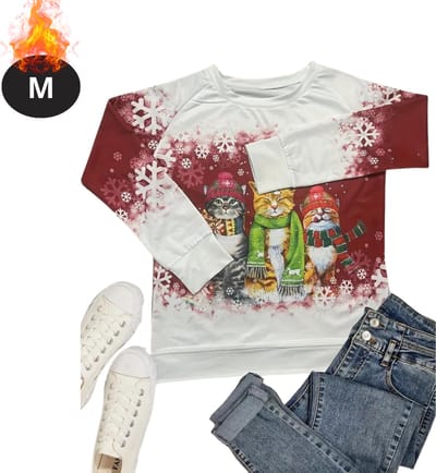 Bovista Kersttrui - Dames - Foute Kersttrui - Christmas Sweater - Kattenprint - Kerst Sweater - Christmas Jumper - Pyjama - Rood - M