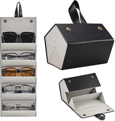 Vouwbare brillenkoker voor meerdere brillen, zonnebrillen en accessoires - Handige opbergbox van zwart leer