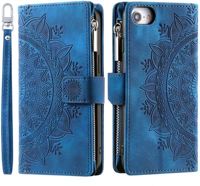 Telefoonhoesje geschikt voor iphone 17e / iphone 16e - Portemonnee met rits - book-case hoesje - ruimte voor 7 pasjes - mandala bloemen blauw