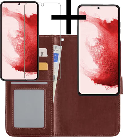 Hoesje - 2 in 1 - Geschikt voor Samsung Galaxy S22 - Met Screenprotector - En Uitneembare Hard Cover - Bookcase - Wallet Case - Met Pasjeshouder - Book Case - Uitneembaar - Pashouder - Kunstleer - Bruin