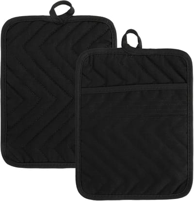 Thijox - 2 Stuks Zwarte Pannenlappen met Zak - Hittebestendige Katoenen Pannenlap - Dubbellaags Onderzetter - Ideaal voor Keuken en Bakken 18,5 cm x 2