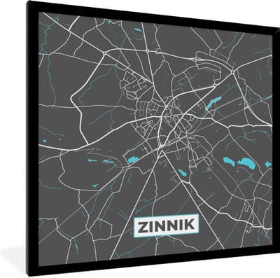 Fotolijst incl. Poster - België – Zinnik – Stadskaart – Kaart – Blauw – Plattegrond - 40x40 cm - Posterlijst