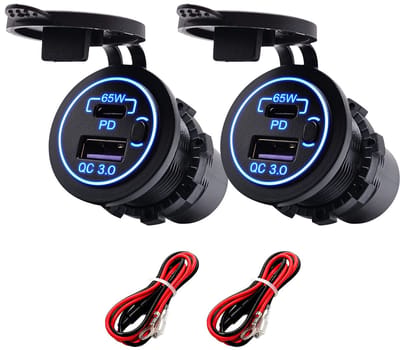 ProRide 12V USB-C Wandcontactdoos Inbouw - 65W - USB-A en USB-C - Schakelaar - QC3.0 - Blauw - Kabel en Zekering - 2 stuks