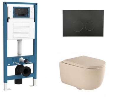 QeramiQ Dely Swirl Toiletset - inbouwreservoir Qeramiq Flush - 35mm zitting - kunststof mat zwarte bedieningsplaat - ronde knoppen - beige