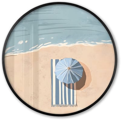 Poster in lijst Rond - Fotolijst 60x60 cm - Posters - Strandlaken - Strepen - Parasol - Strand - Ronde posterlijst zwart - Decoratie - Wanddecoratie woonkamer - Muurdecoratie slaapkamer