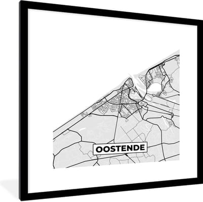 Fotolijst incl. Poster Zwart Wit- Kaart – Plattegrond – Stadskaart – Oostende – België – Zwart Wit - 40x40 cm - Posterlijst