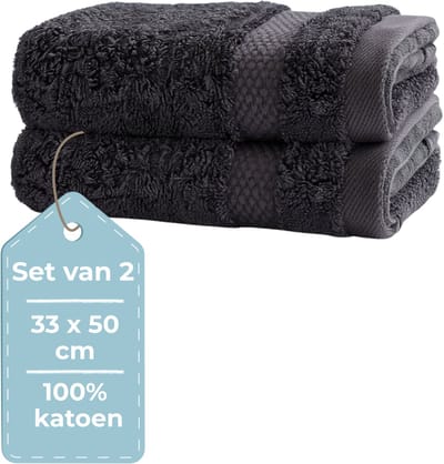 HUSH Living - Gastendoek - Set van 2 - 33×50 cm - 100% Katoen - Zware kwaliteit 500g/m2 - Stijlvol Boord en Ophanglus - Antraciet