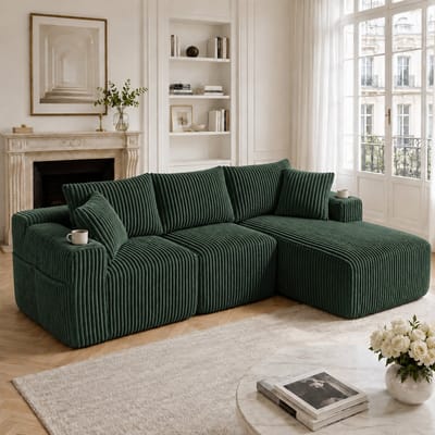 L-Bank, 3-Zits Bank, Hoekbank Modulaire Bankstel met Chaise Longue en 2-zitsbank, Zachte Corduroy Hoes, met 5 Kussens, Zijvakken en Bekerhouders, Schuim met Hoge Dichtheid, Doe-het-zelf-combinatie, Ideaal voor Woonkamer, Appartement en Studio-Groente