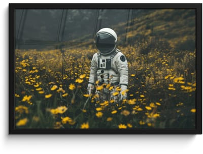 Poster in lijst - Fotolijst 60x40 cm - Posters - Astronaut - Bloemen - Veld - Geel - Posterlijst zwart - Decoratie - Wanddecoratie woonkamer - Muurdecoratie slaapkamer