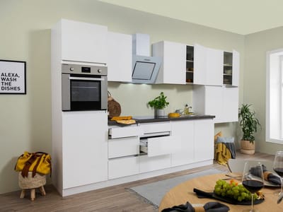 Goedkope keuken 370  cm - complete keuken met apparatuur Lorena  - Wit/Wit mat - soft close - keramische kookplaat    - afzuigkap - oven    - spoelbak