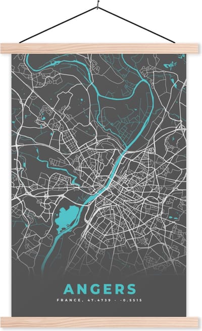 Posterhanger incl. Poster 40x60 cm - Schoolplaat - Angers - Frankrijk - Plattegrond - Kaart - Stadskaart - Textielposter - Blanke latten - Stadskaart