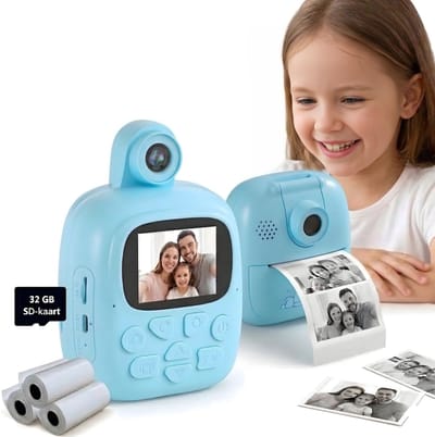 Caryota 3 in 1 Kindercamera - Fototoestel - Filmen & Spelletjes - Selfie Camera - Full HD 1080p - 32GB SD-kaart - Inktvrij - Instant Print - Blauw