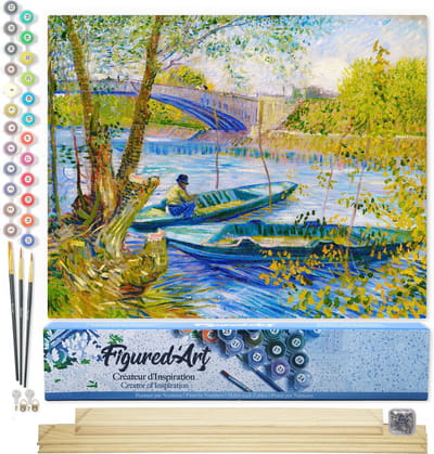 Figured'Art Schilderen op Nummer Volwassenen canvas Vissen in de lente, Brug van Clichy - Van Gogh - Handwerk acrylverf Kit DIY Compleet - 40x50cm met DIY houten lijst