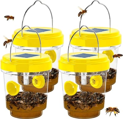 Hangende wespenvallen voor buiten, zonne-energie-bijenval voor buiten, herbruikbare hoornaarvallen op zonne-energie, bijen- en wespenvanger voor de tuin (set van 4)