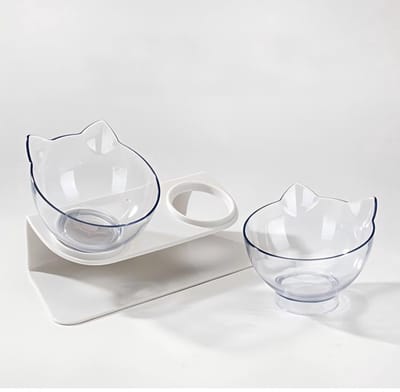 Dubbele Kattenvoerbak – Verhoogde Voer- en Waterbak – 15° Gekanteld – Antislip Voerbak met Uitneembare Bakken – Voor Katten en Kleine Honden – Transparant/Crèmewit – 1 Stuk