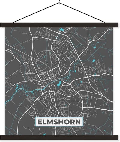 Posterhanger incl. Poster 60x60 cm - Schoolplaat - Stadskaart – Kaart – Elmshorn – Blauw – Duitsland – Plattegrond - Textielposter - Zwarte latten - Stadskaart