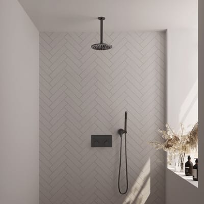 Brauer Gunmetal Edition thermostatische inbouw regendouche met drukknoppen SET 53 met 20 cm douchekop en plafondarm en staaf handdouche en doucheslang en wandaansluitbocht gunmetal geborsteld PVD