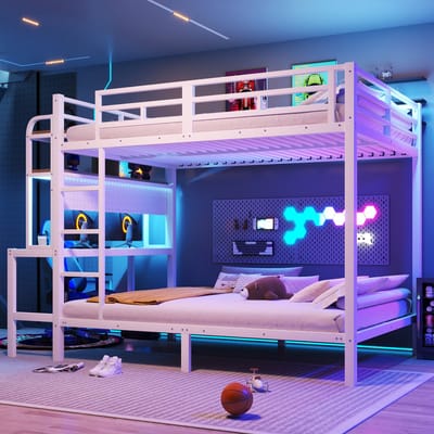 MODFU Bedframe 140x200 cm – Wit metaal/MDF – Met bureau, LED (app) & USB – Veiligheidshekken – Trap – 250 kg