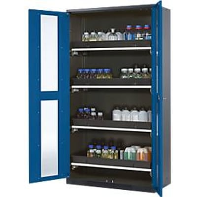 Chemicaliënkast, Vleugeldeur met glasplaat, 4 uittrekbare bakken, 1055x520x1950 mm, gentiaanblauw