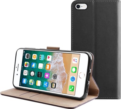 BMAX Leren book case hoes geschikt voor iPhone 6/6s Plus / Lederen book cover / Beschermhoesje / Telefoonhoesje / Hard case / Telefoonbescherming - Zwart