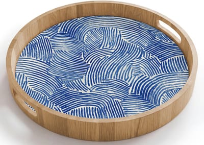 Dienblad rond 40x40 cm - Schootdienblad hout - Modern - Abstract - Blauw - Borrelplank rechthoek - Plateau houten dienbladen
