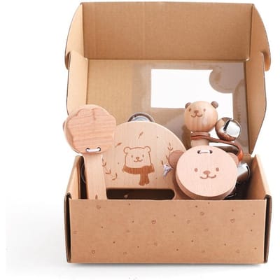 Houten Muziekinstrument Cartoon Beer Regen Trommel Castanet Vinger Viool Baby Muziek Educatief Speelgoed Set Cadeau Voor Pasgeborenen